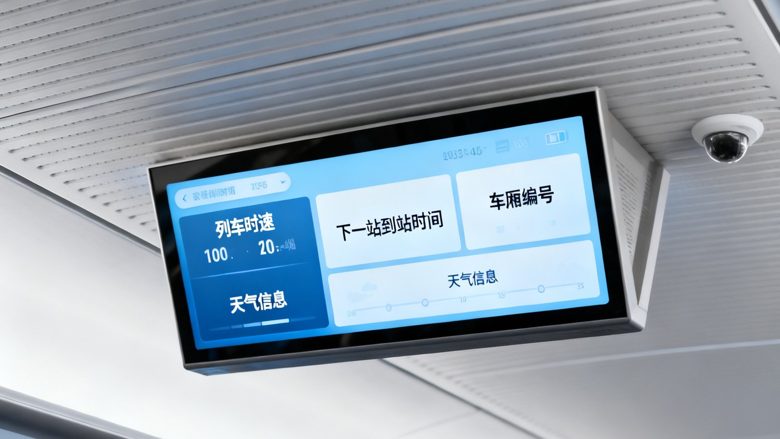 高铁车厢内悬挂式乘客信息显示屏，实时显示列车时速、下一站到站时间、车厢编号及天气信息，界面简洁清晰